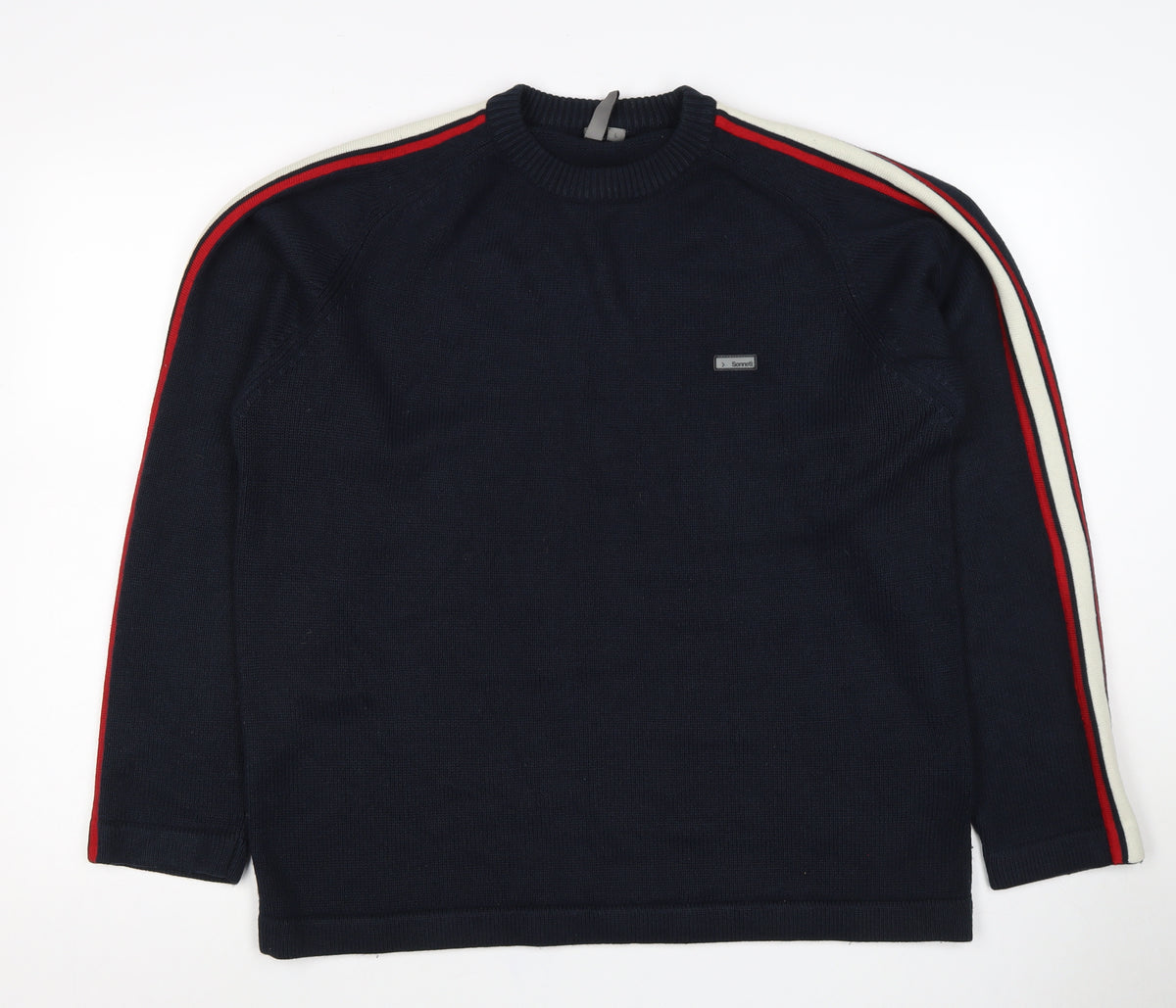 Sonneti Men’s Blue L Pullover Crew Neck Striped Sleeve Knit Jumper
