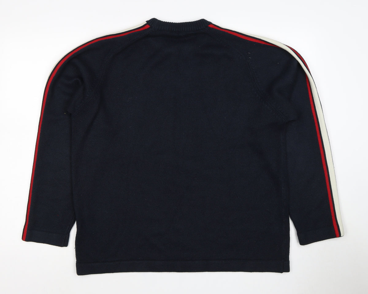 Sonneti Men’s Blue L Pullover Crew Neck Striped Sleeve Knit Jumper