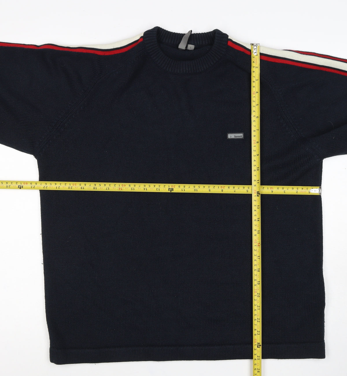 Sonneti Men’s Blue L Pullover Crew Neck Striped Sleeve Knit Jumper