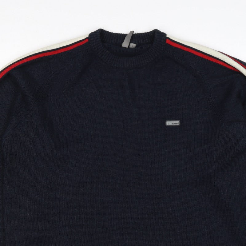 Sonneti Men’s Blue L Pullover Crew Neck Striped Sleeve Knit Jumper