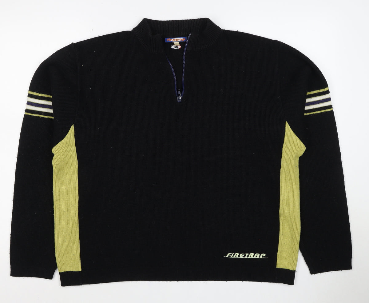 Firetrap Men's Black Yellow L 1/4 Zip High Neck Wool Blend Jumper