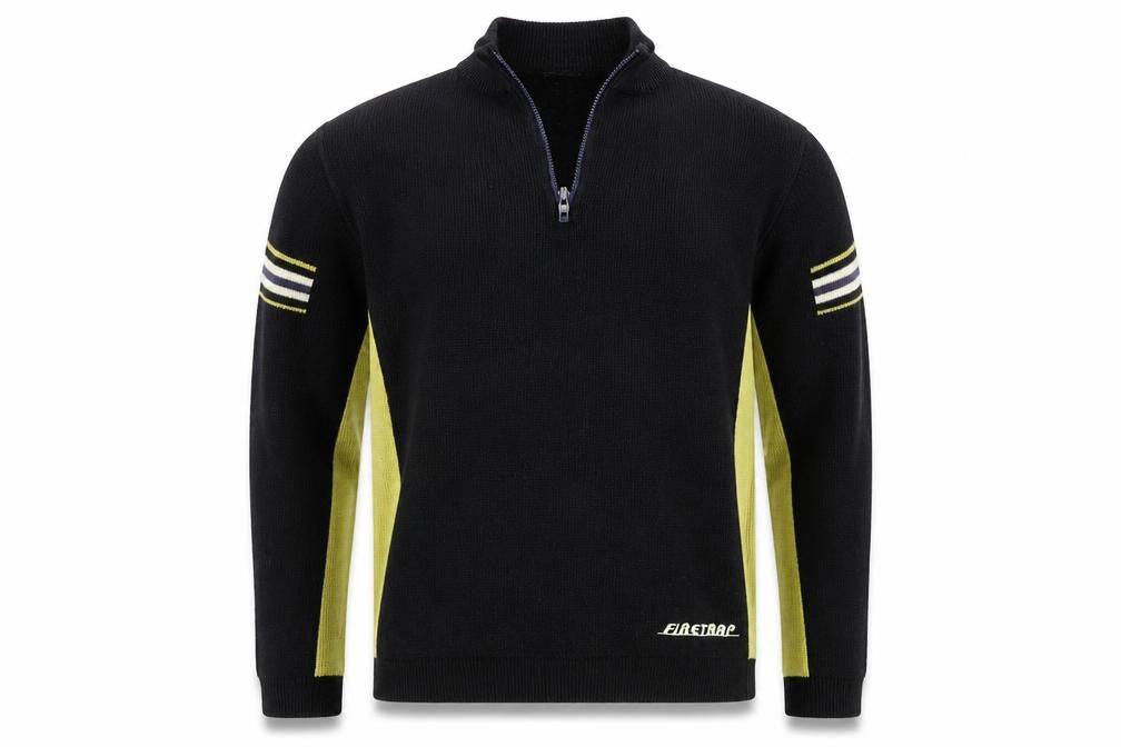 Firetrap Men's Black Yellow L 1/4 Zip High Neck Wool Blend Jumper