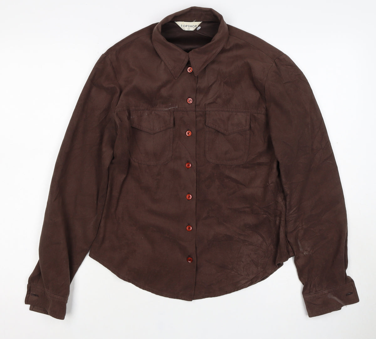 Topshop Women Brown UK 14 Basic Collared Long Sleeve Button-Up Shirt