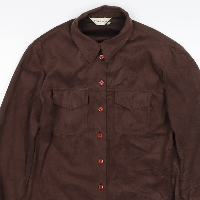 Topshop Women Brown UK 14 Basic Collared Long Sleeve Button-Up Shirt