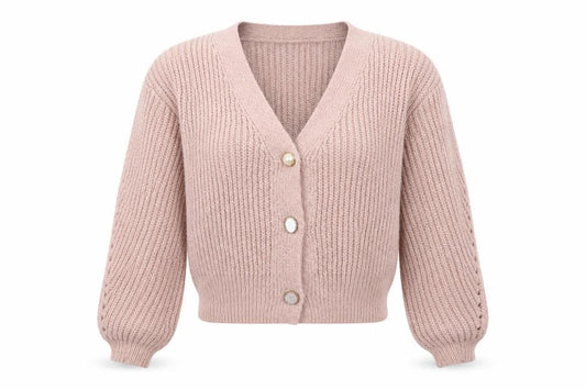 BSB Collection Women’s Pink S Chunky Knit V-Neck Button Cardigan