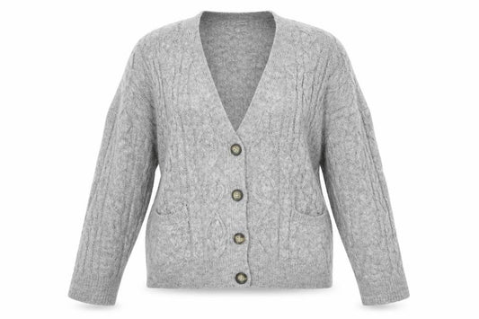 Zara Women Grey M Cable Knit V-Neck Button Cardigan