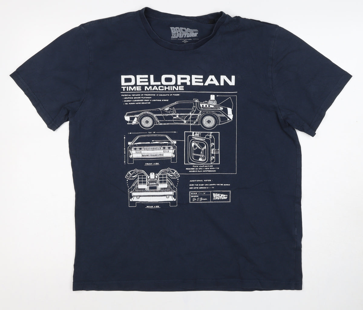 Back to the Future Men’s Blue L DeLorean Time Machine Graphic T-Shirt