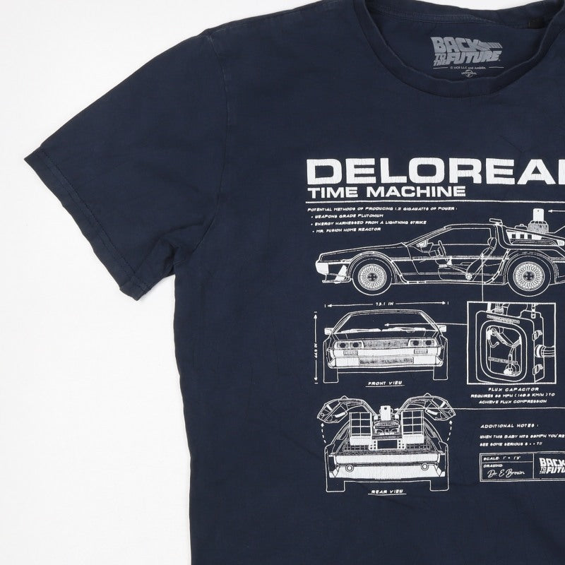 Back to the Future Men’s Blue L DeLorean Time Machine Graphic T-Shirt