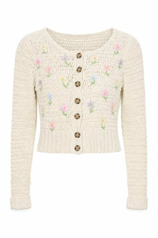 Topshop Women Ivory UK 8 Embroidered Floral Crochet Knit Cardigan