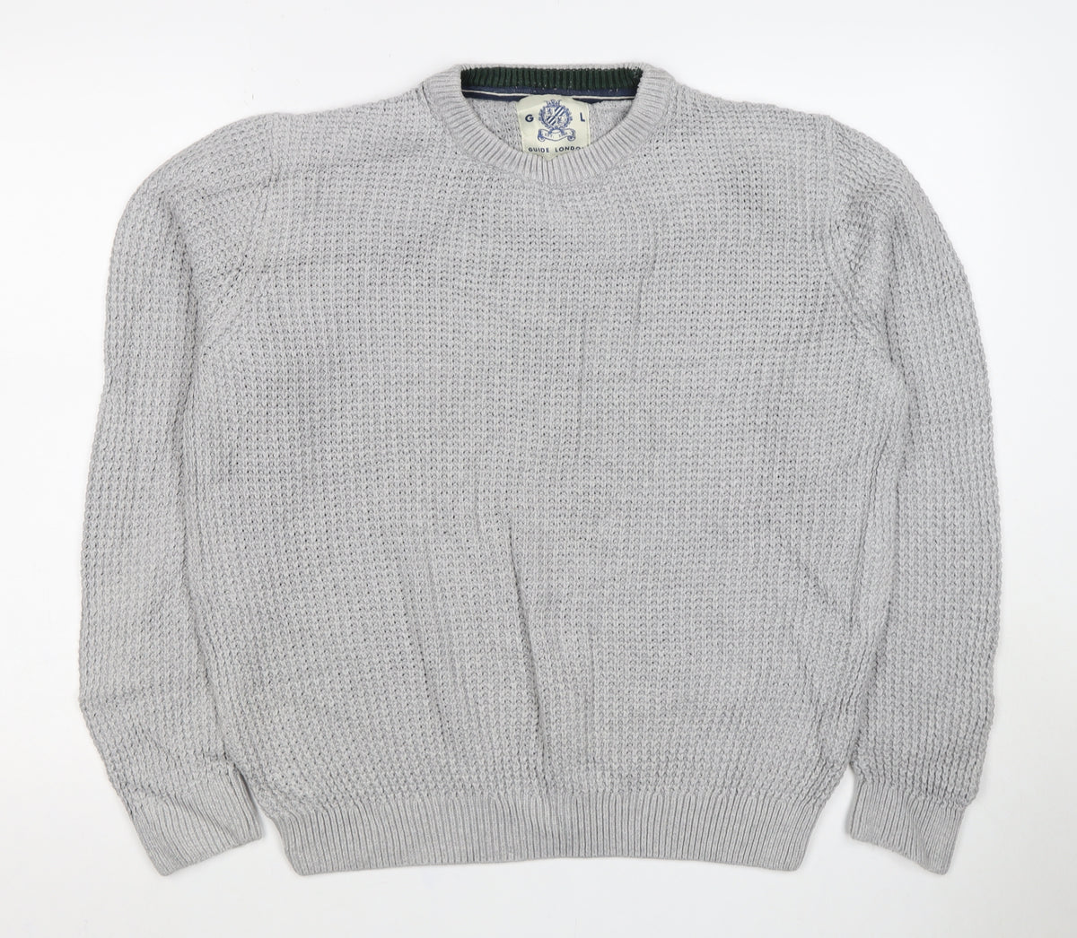 Guide London Men Grey M Cotton Textured Crew Neck Pullover Jumper