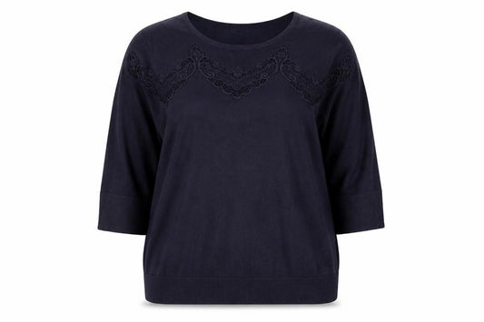 Per Una Women Navy UK 22 Lace Yoke 3/4 Sleeve Knit Top