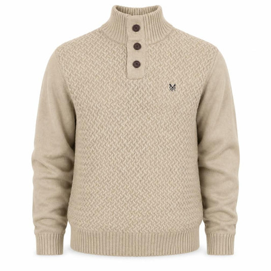 Green Coast Men’s Beige XL Cable Knit Henley High Neck Jumper