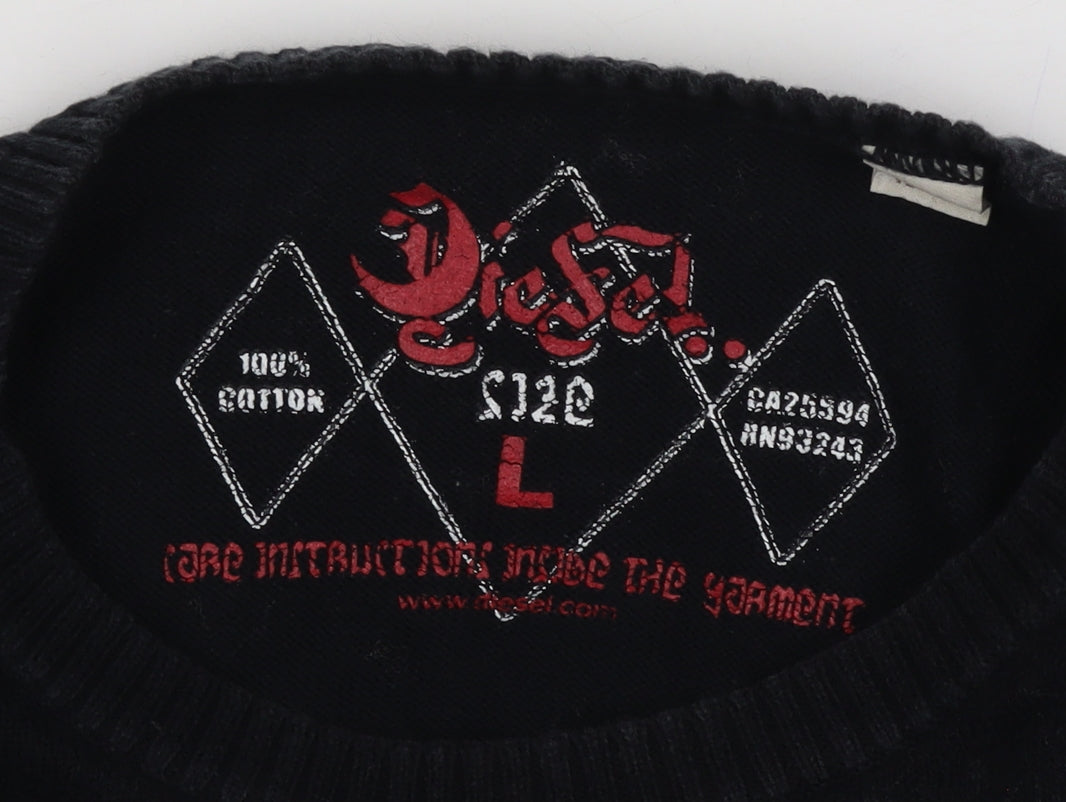Diesel Men’s Black L Graphic Print Cotton Crew Neck Pullover Jumper