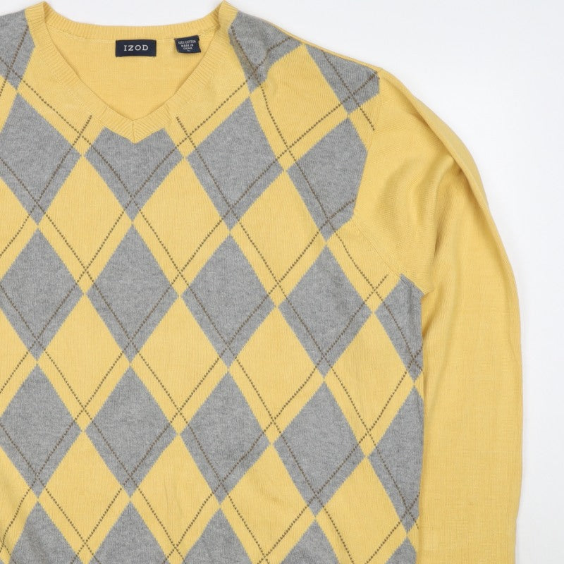 IZOD Men’s Yellow Grey Argyle Cotton V-Neck Pullover Jumper L