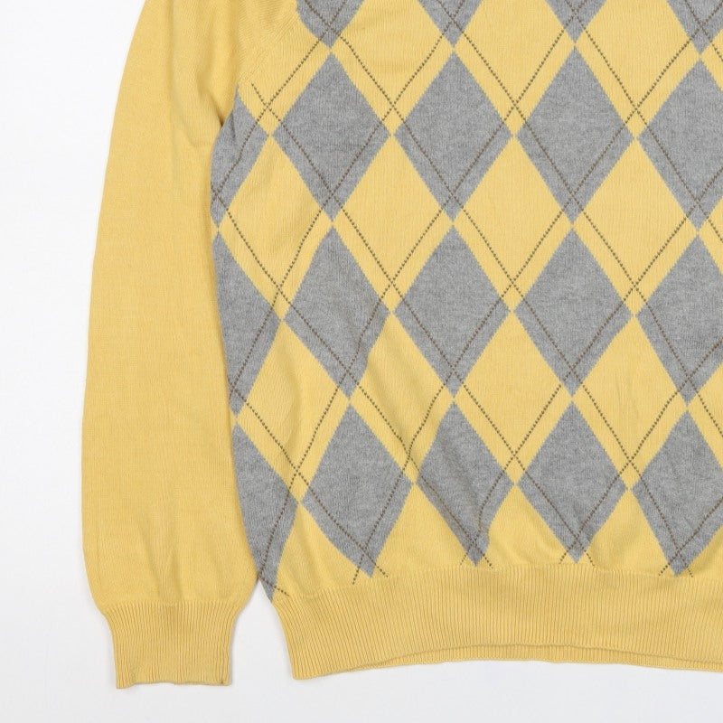 IZOD Men’s Yellow Grey Argyle Cotton V-Neck Pullover Jumper L