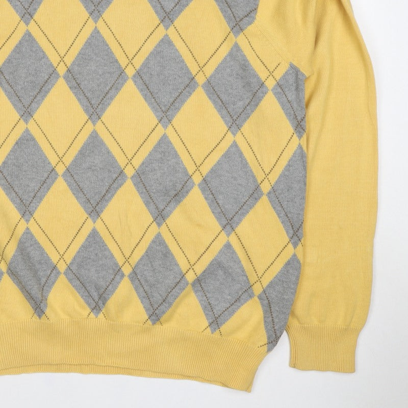 IZOD Men’s Yellow Grey Argyle Cotton V-Neck Pullover Jumper L