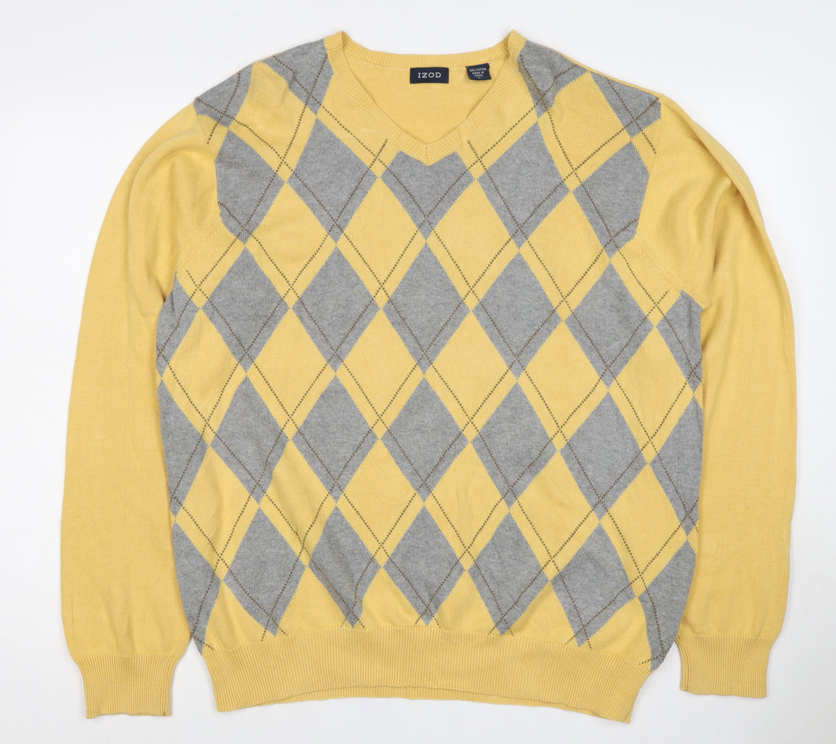IZOD Men’s Yellow Grey Argyle Cotton V-Neck Pullover Jumper L