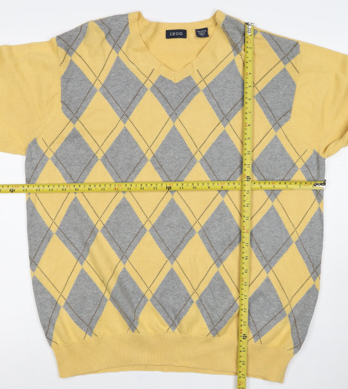 IZOD Men’s Yellow Grey Argyle Cotton V-Neck Pullover Jumper L