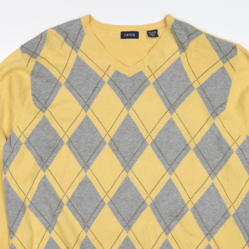IZOD Men’s Yellow Grey Argyle Cotton V-Neck Pullover Jumper L