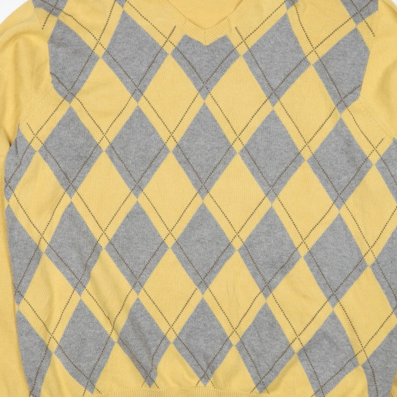 IZOD Men’s Yellow Grey Argyle Cotton V-Neck Pullover Jumper L