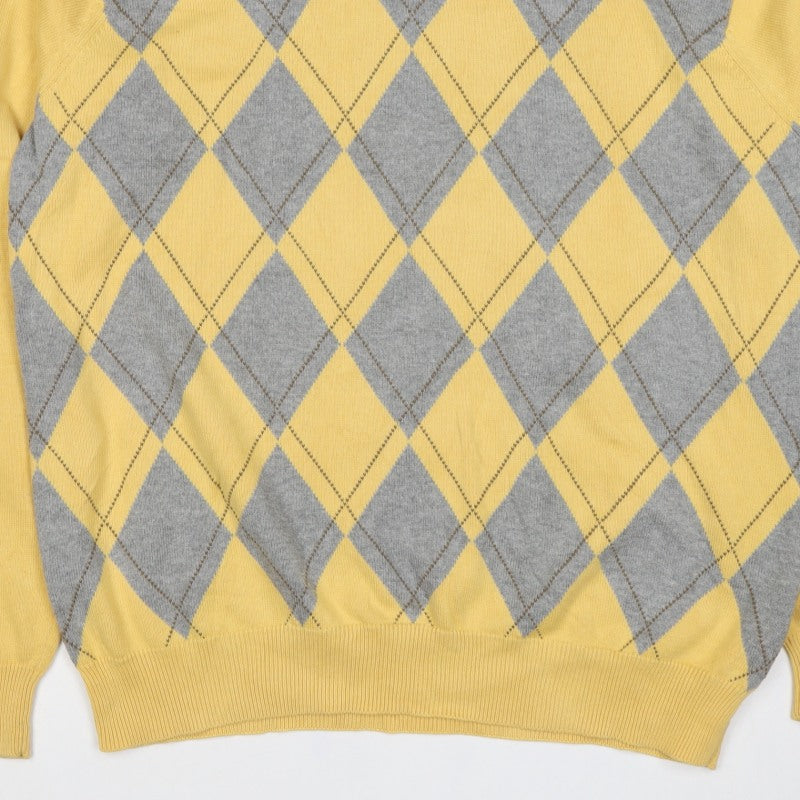 IZOD Men’s Yellow Grey Argyle Cotton V-Neck Pullover Jumper L