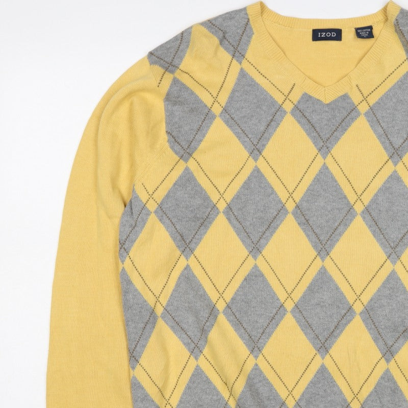 IZOD Men’s Yellow Grey Argyle Cotton V-Neck Pullover Jumper L