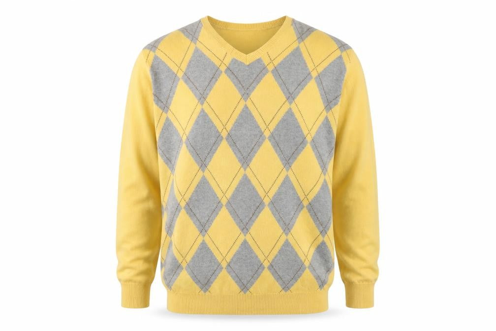 IZOD Men’s Yellow Grey Argyle Cotton V-Neck Pullover Jumper L