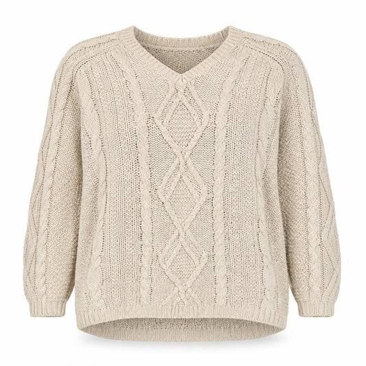Marks and Spencer Women Beige UK 14 Cable Knit V-Neck Cotton Jumper