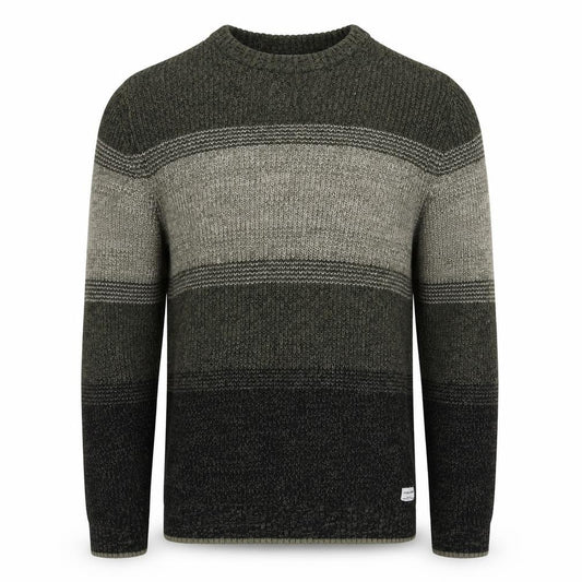 Jack & Jones Men’s Green Grey Striped Chunky Knit Crew Neck Jumper L