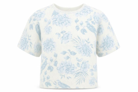 Rachel Zoe Women White Blue Floral Bird Knit Pullover Jumper L
