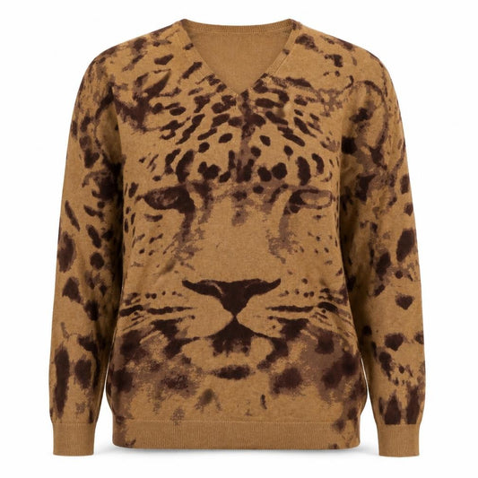 Nina Leonard Women’s Brown Leopard Print V-Neck Knit Jumper Size L