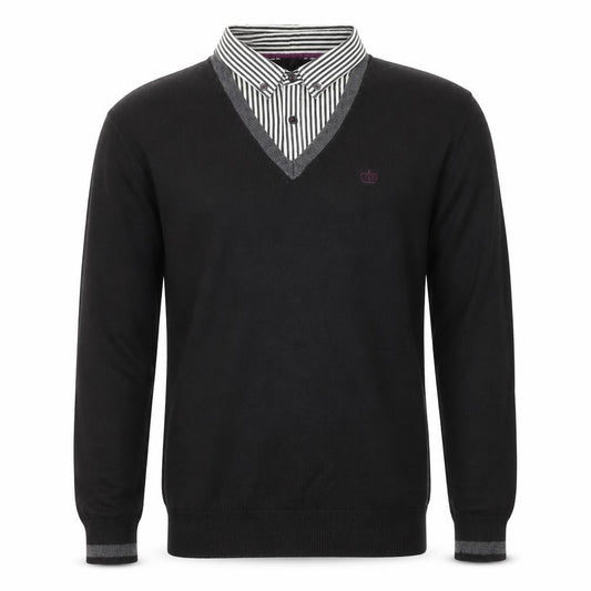 Next Men's Black M Long Sleeve Knit V-Neck Mock Shirt Polo Jumper