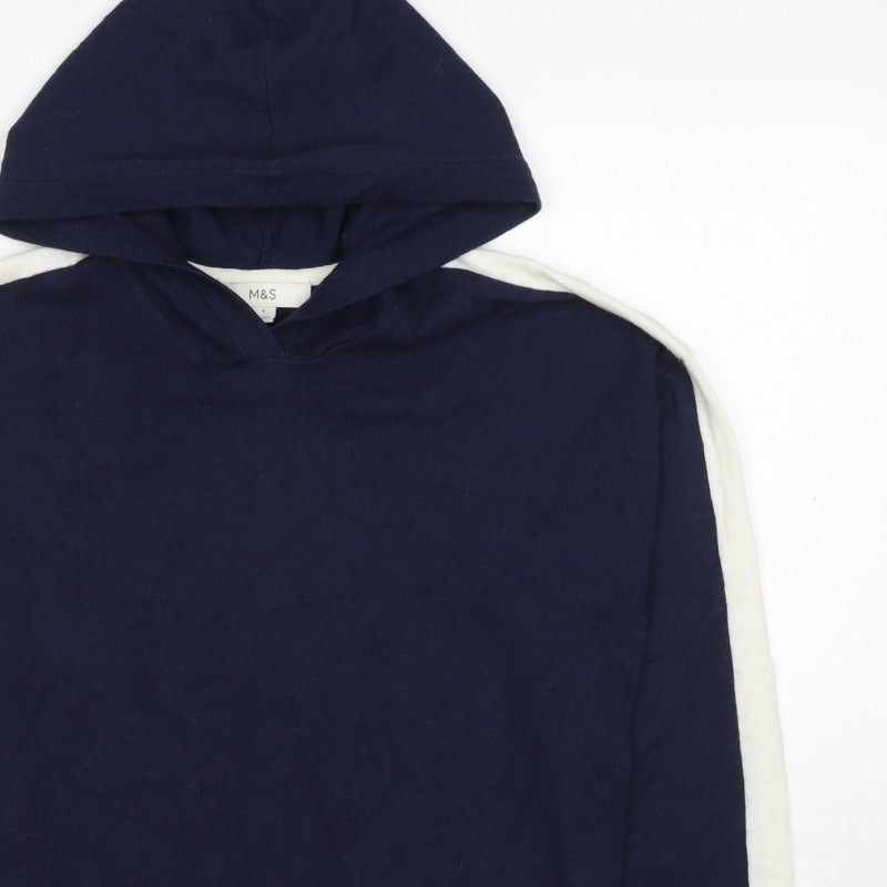 Marks and Spencer Women Navy S Pullover Hooded Knit Jumper White Stripe
