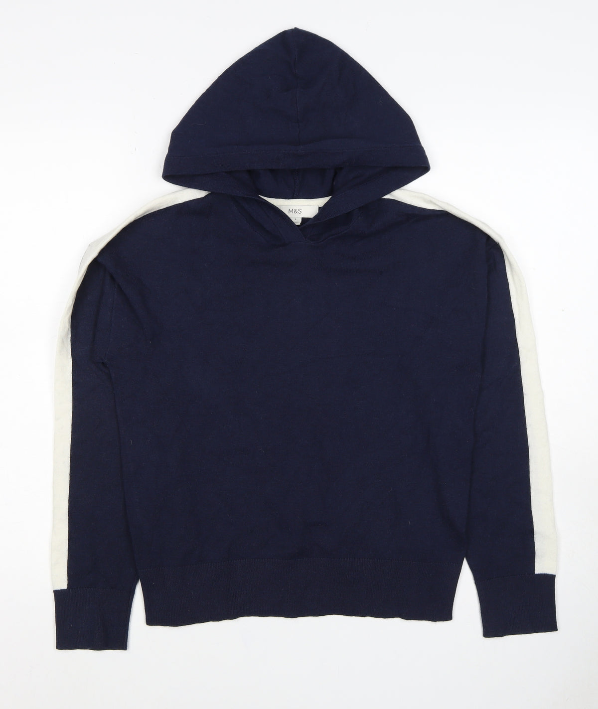 Marks and Spencer Women Navy S Pullover Hooded Knit Jumper White Stripe