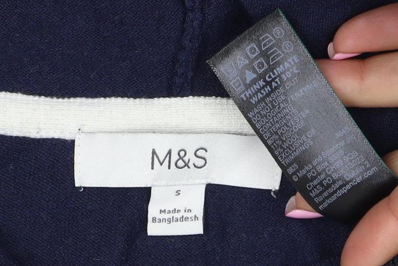 Marks and Spencer Women Navy S Pullover Hooded Knit Jumper White Stripe