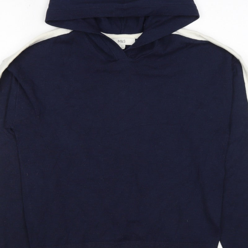 Marks and Spencer Women Navy S Pullover Hooded Knit Jumper White Stripe