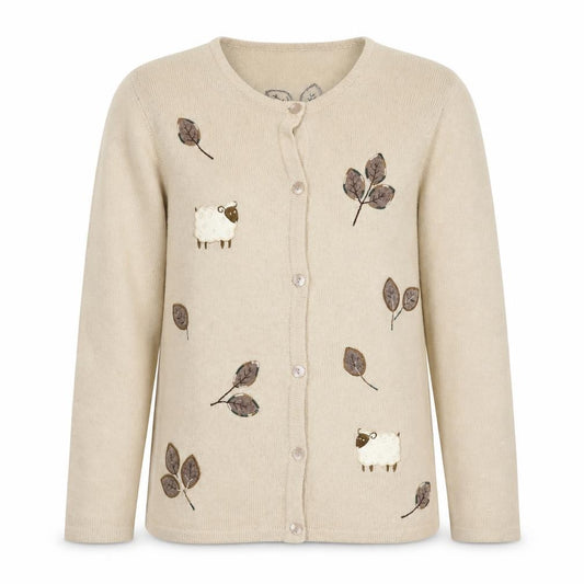 Tulchan Women Beige S Wool Sheep Leaf Embroidered Button Cardigan