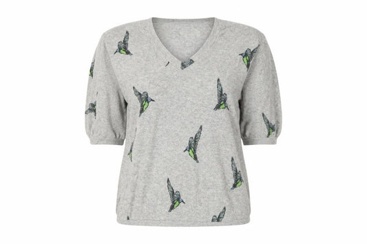 The Cashmere Centre Women Grey Bird Print Cashmere L V-Neck Jumper