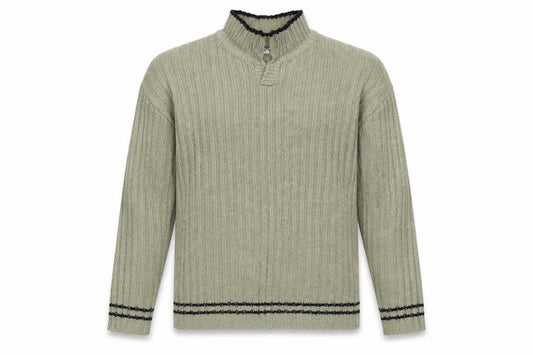A&F Men’s Green L 1/4 Zip High Neck Rib Knit Jumper Striped