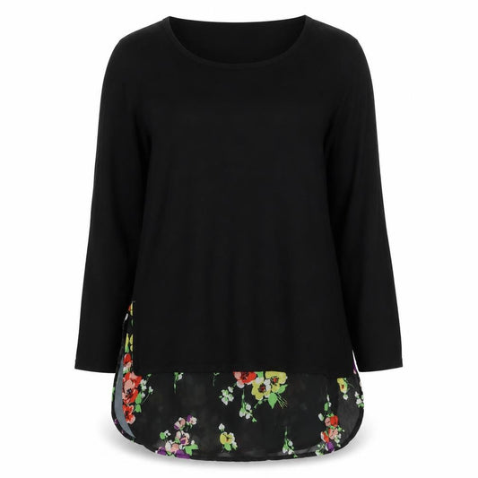 Monsoon Women’s Black Floral Hem Tunic Blouse UK 12 M Long Sleeve