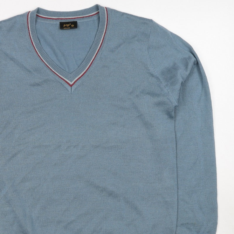 Pop England Men's Blue M V-Neck Wool Blend Pullover Jumper