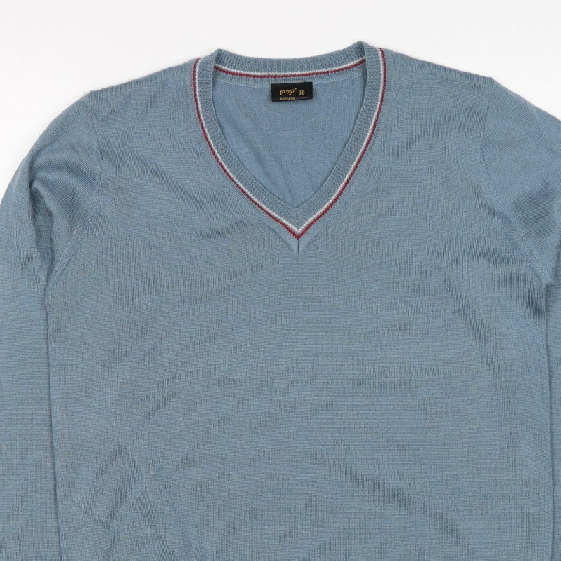 Pop England Men's Blue M V-Neck Wool Blend Pullover Jumper