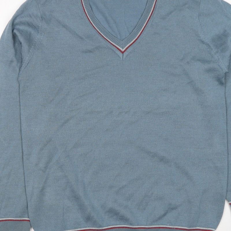 Pop England Men's Blue M V-Neck Wool Blend Pullover Jumper