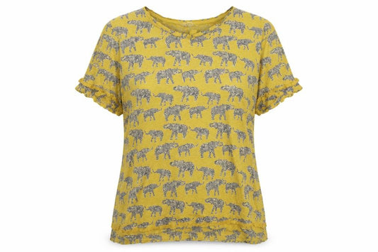 White Stuff Women Yellow Elephant Print Linen T-Shirt UK 16 Fringed
