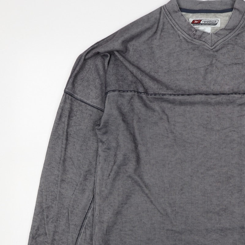 Reebok Men’s Grey Striped Logo V-Neck Pullover Jumper M