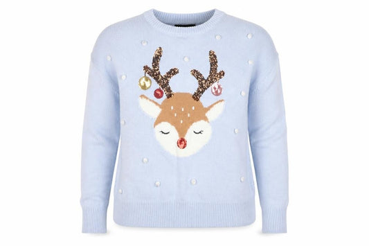 New Look Women Blue M Reindeer Sequin Christmas Ugly Jumper
