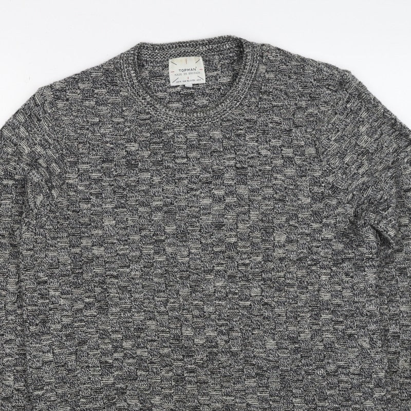 Topman Men's Grey M Wool Geometric Knit Crew Neck Pullover Jumper