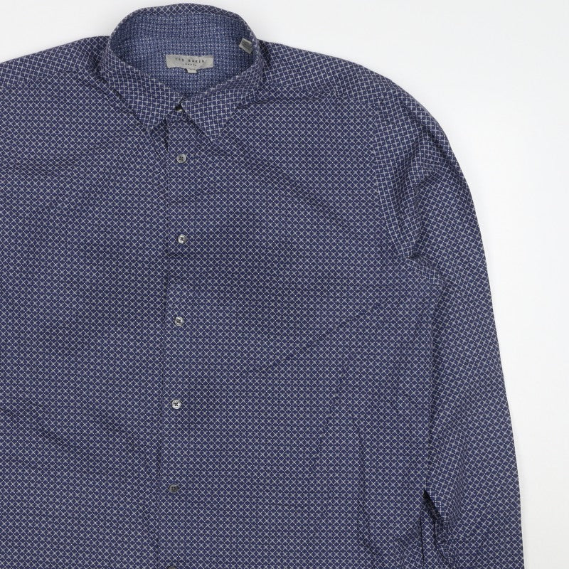 Ted Baker Men's Blue Geometric Print Long Sleeve Button-Up Shirt Size XL