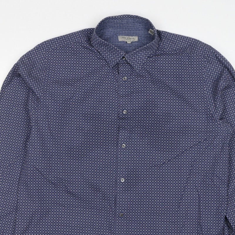 Ted Baker Men's Blue Geometric Print Long Sleeve Button-Up Shirt Size XL