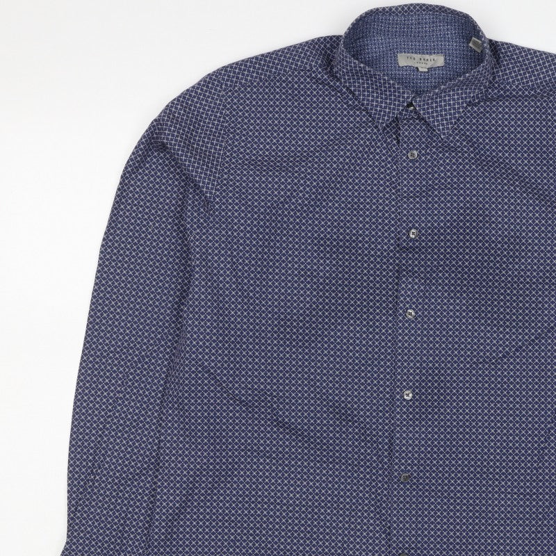 Ted Baker Men's Blue Geometric Print Long Sleeve Button-Up Shirt Size XL